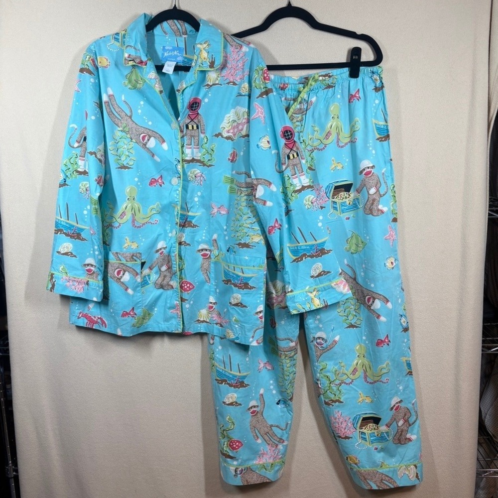 Nick & Nora Sock Monkey Under the Sea Womens Y2K Pajama Set Lg Blue Whimsical